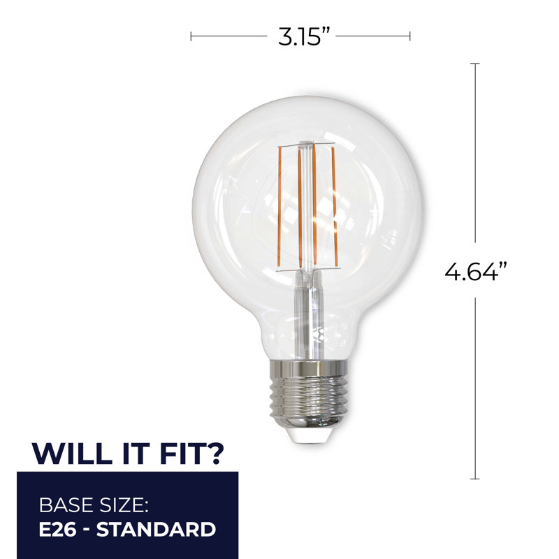 Ampoule DEL E26 équivalente à 100 watts, filament G25, lueur blanc chaud 2700K, 800 lumens, intensité variable