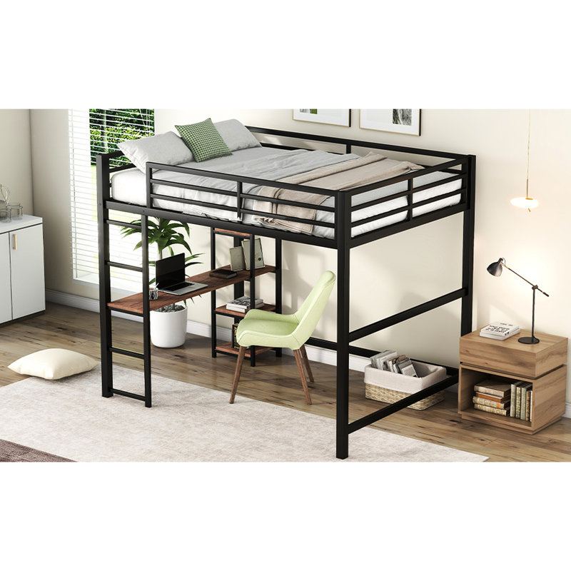 Lit mezzanine en métal noir avec bureau et tablettes de rangement - Améliore l'efficacité de l'espace dans la chambre à coucher.
