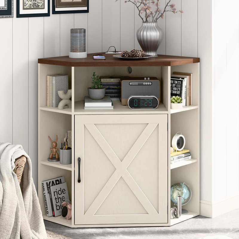 Corner Storage Shelf With USB Ports And Outlets Industrial Organizer, White/Brown