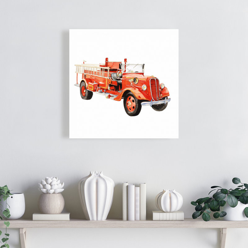 Camion de pompier rétro, reproduction sur toile, H 36 po x l 36 po, Toile encadrée noire