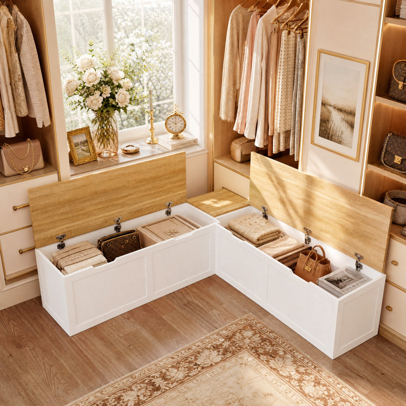 Banc de rangement modulaire en L avec compartiments de rangement cachés et tablette ouverte, banc d'angle pour l'entrée, le salon et la chambre à coucher
