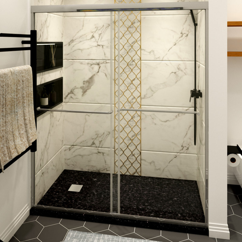 Porte de douche coulissante chromée l 56 à 60 po x H 70 po, Argent argent