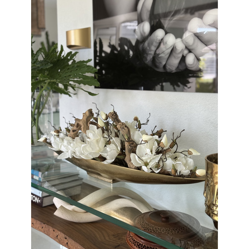 Driftwood and Denver Boat Magnolia Centerpiece, 8" H x 40" W x 5" D, Gold