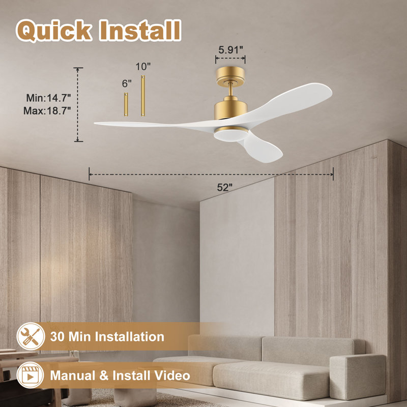 52" 3-Blade Modern Wood Ceiling Fan with Light and Remote, WiFi Alexa Control, Quiet DC Motor, Indoor/Outdoor, Gold, White