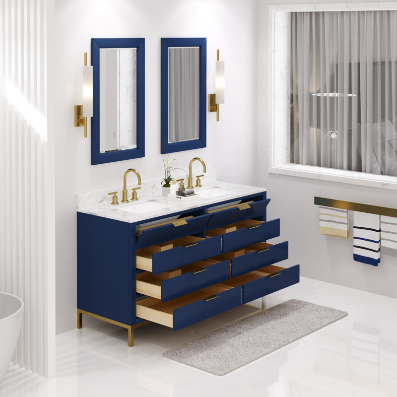 Bristol 60 In. Double Sink Carrara White Marble Countertop Bath Vanity In Pure White With Satin Gold Gooseneck Faucets
