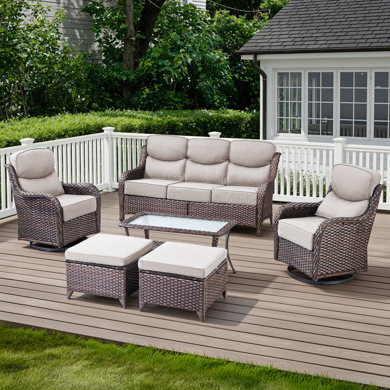 6-Piece Outdoor Wicker Patio Conversation Set With Swivel Chairs And Coffee Table, Brown, Beige
