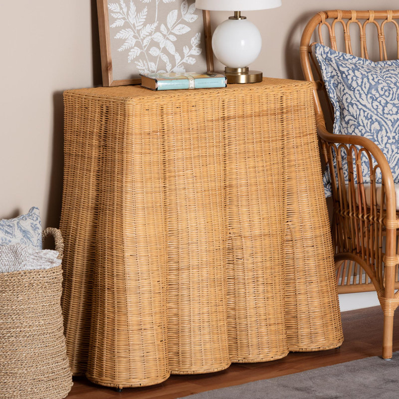 Bali & Pari Palm Scallop Natural Rattan Console Table – Handwoven Wicker Accent Table For Hallway Or Entryway, Coastal & Boho Décor, Rectangle 36"