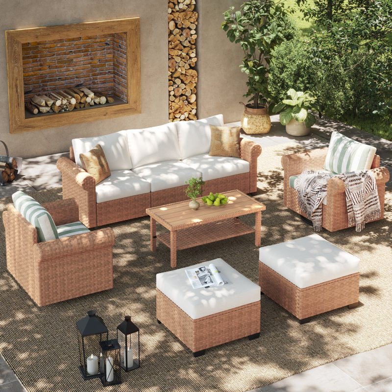 7 - Person Outdoor Wicker Seating Group With Swivel Chairs And Cushions