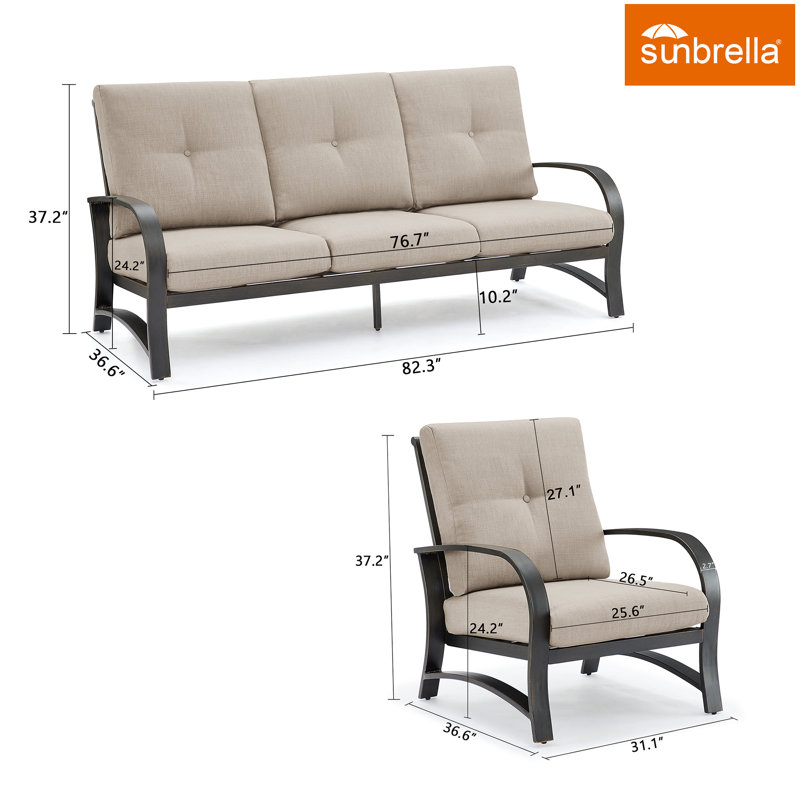 Chamber 3 Pieces Outdoor/indoor Patio Aluminum Conversation Seating Group With Sunbrella® Cushions For 5 Person