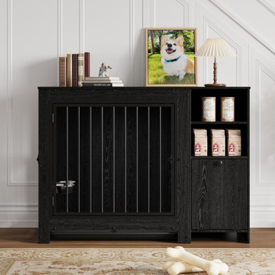 Mobilier pour cage de chien 45,3 po, chenil d'intérieur en bois avec plateau amovible et bols rotatifs à 360 °, pieds réglables, 2 tablettes de rangement et tiroir rabattable