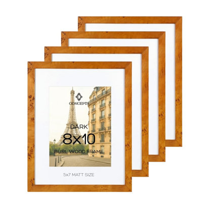 Ensemble de 4 cadres photo en bois de ronce 8 po x 10 po avec passe-partout pour photos 5 po x 7 po