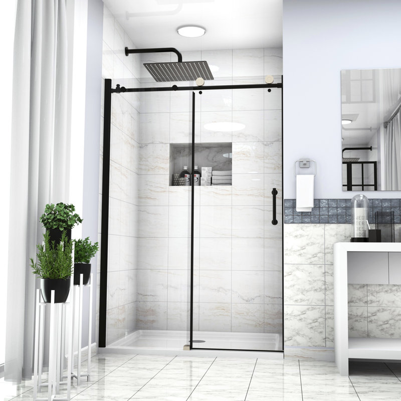 48"x76" Shower Enclosure Matte Black Finish. Clear Tempered Glass. Pull Handle. Suits Different Bathroom Styles. Adjustable For Uneven Walls. Supplied Parts