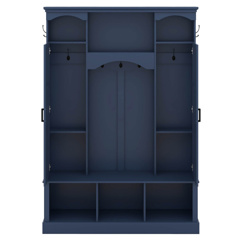 Hall Tree With Bench And Dual Side Cabinets, All-In-One Hall Tree With Adjustable Shelves, Entryway Organizer With 7 Hooks