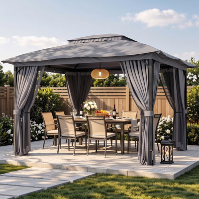 12 x 10 Outdoor Gazebo, Steel Frame Double Tier Canopy, Waterproof Patio Pavilion with Privacy Curtains and Netting for Backyard, Gray