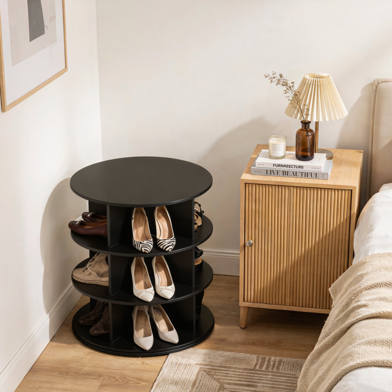 Étagère à chaussures rotative à 3 niveaux, présentoir à chaussures tournantes à 360 °, carrousel rond rotatif, range-chaussures vertical et sac à main