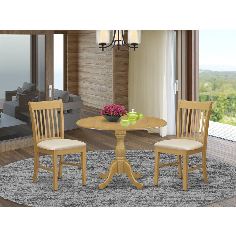 5 Piece Dining Room Furniture Set Includes a Round Dining Table with Dropleaf and 4 Linen Fabric Upholstered Chairs, 42x42 Inch, Oak