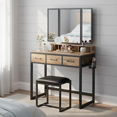 17 Storeys Vanity Set With Mirror And Stool, 3 Drawers, Makeup Vanity With Tri-Fold Mirror, Brush Holder, Industrial Style