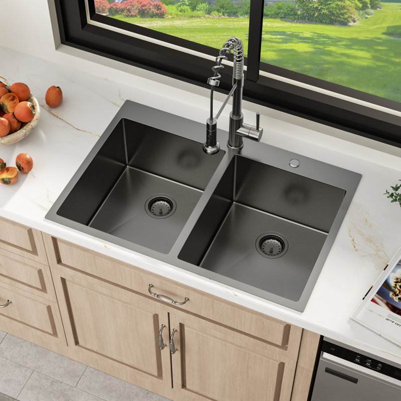 33" L x 22" W Drop-In Kitchen Sink 50/50 Double Bowl Stainless Steel Sink with Sink Bottom Grids