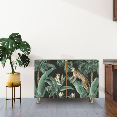 Sideboard Buffet Cabinet with Storage Tropical vintage monkey leopards palm trees banana tree floral dark with 2 Doors for Living Room and Kitchen by Dakota Fields