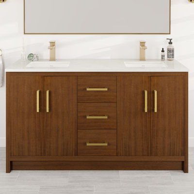 Meuble-lavabo double l 60 po x P 18 po Ilsa avec comptoir en quartz de Carrare blanc et lavabos en porcelaine encastrable