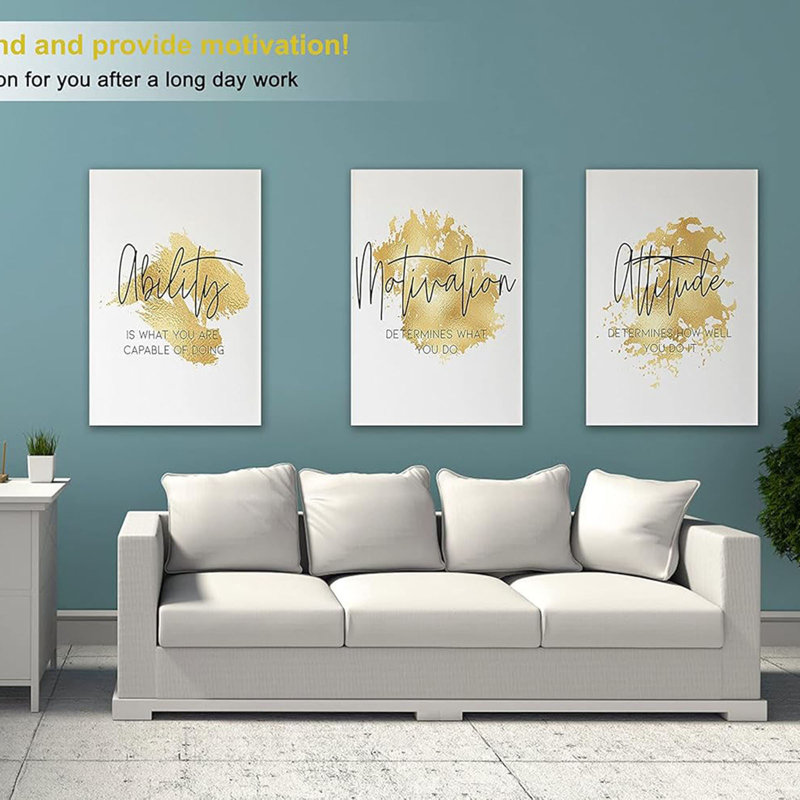Art mural de bureau - art sur toile à motif à 3 panneaux pour le bureau à domicile, citation positive, encadrement d'affiche, 16 pi x 24 pi x 3 pièces