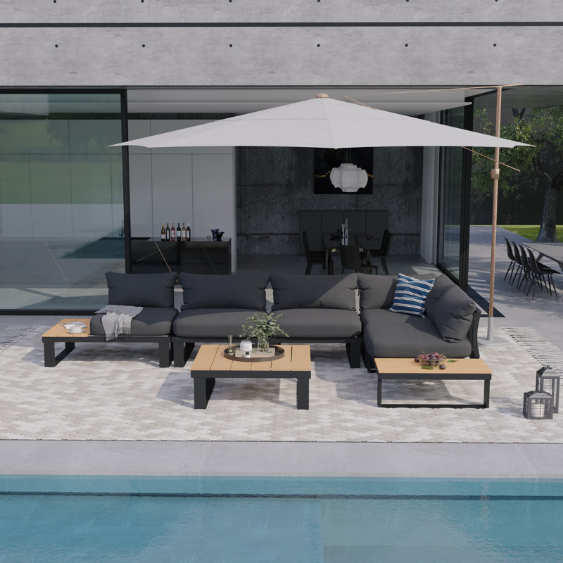 Ireona 5 - Person Modular Patio Conversation Set with Cushions, Dark Gray, Black/Brown Natural Wood
