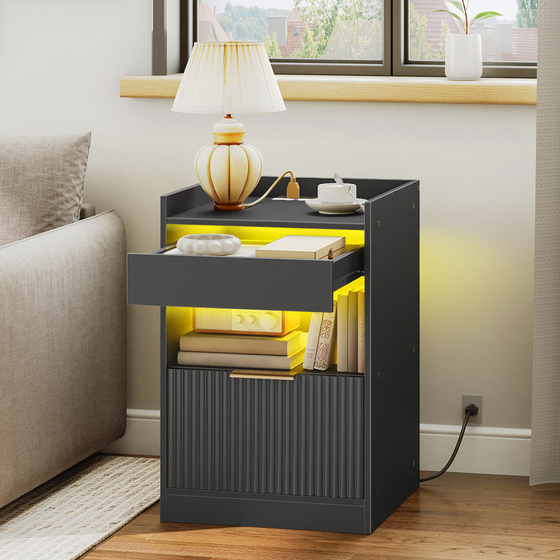  15.7'' W Nightstand with Charging Station and LED Lights