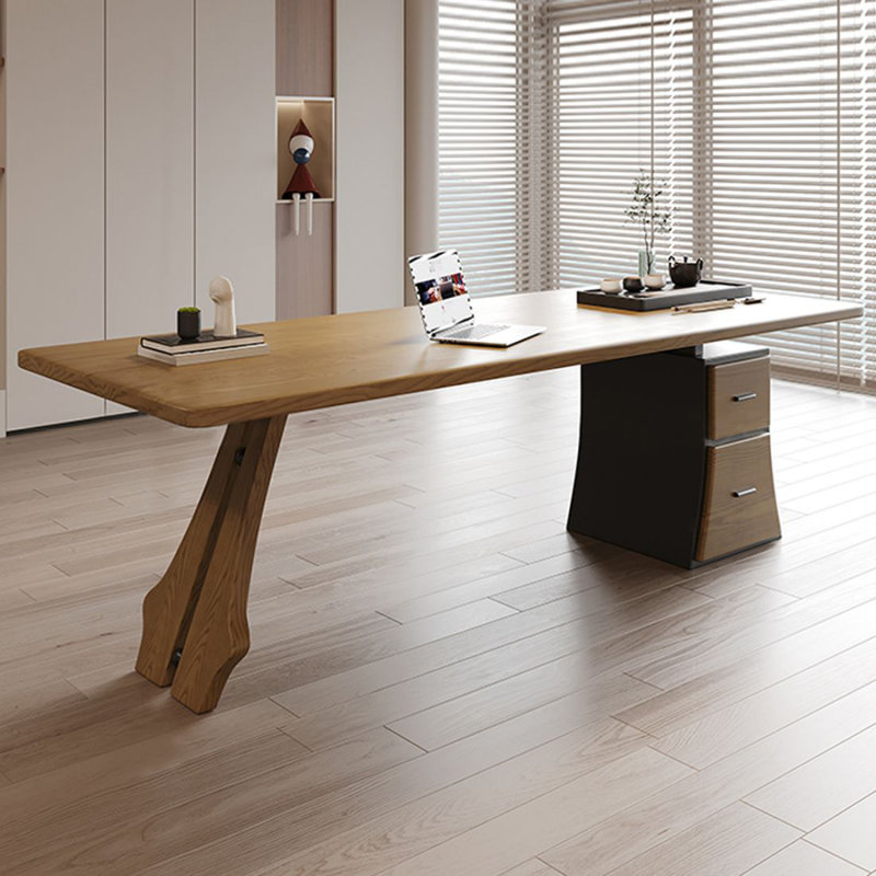 Bureau de direction rectangulaire en bois massif brun clair avec tiroirs, Oui, 29,53 po H x 62,99 po L x 23,62 po P