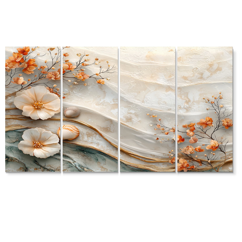 Scannell coquillage et paysage de plage marbrée I - art mural côtier - art mural nautique sur toile, H 32 po x l 64 po, 4