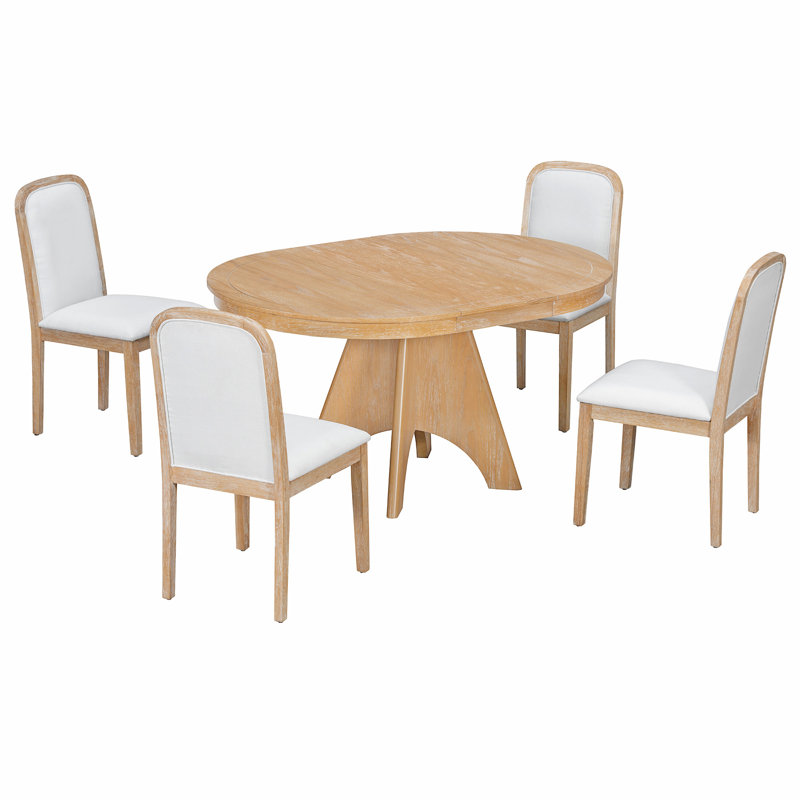 Ensemble de table de salle à manger extensible vintage pour 4 à 6 personnes avec 4 chaises rembourrées, Bois naturel délavé