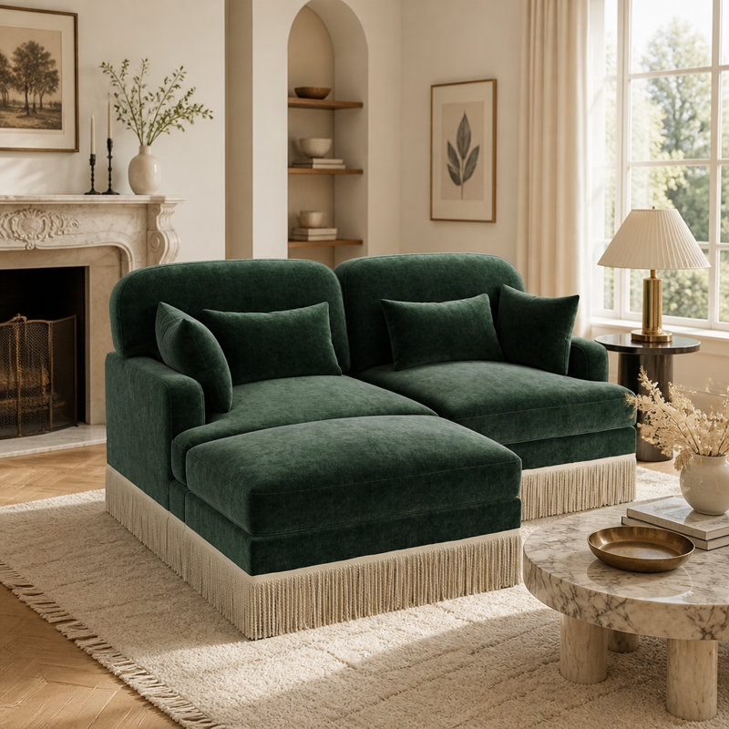 Canapé-lit en chenille vert avec bord pompon et repose-pieds mobile