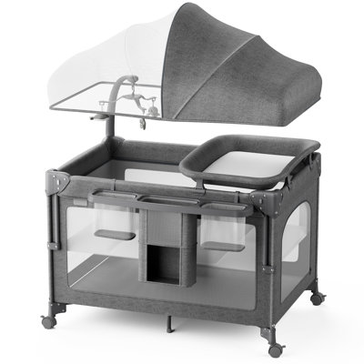 4 in 1 Baby Bassinet with Playard, Bedside Sleeper, Diaper Changer, Pack and Play, Quickly Assembled and Mosquito Net
