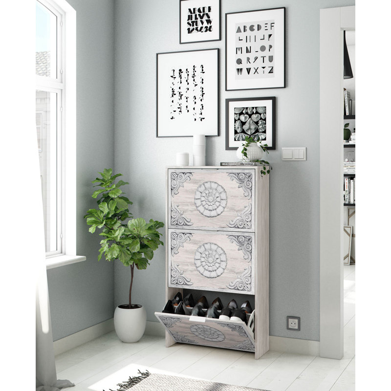 Shoe Cabinet Escondido With 3 Flap Doors, 70X17H180 Cm, Antique White