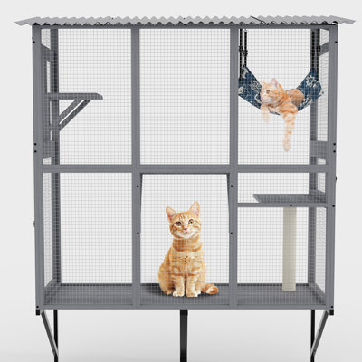 Cat Enclosure With 3 Doors, & , Easy Assembly, Gray For Large Cats, All-weather Use Spacious Multi-level Rest Area, Connectable Indoor-outdoor Tunnel,