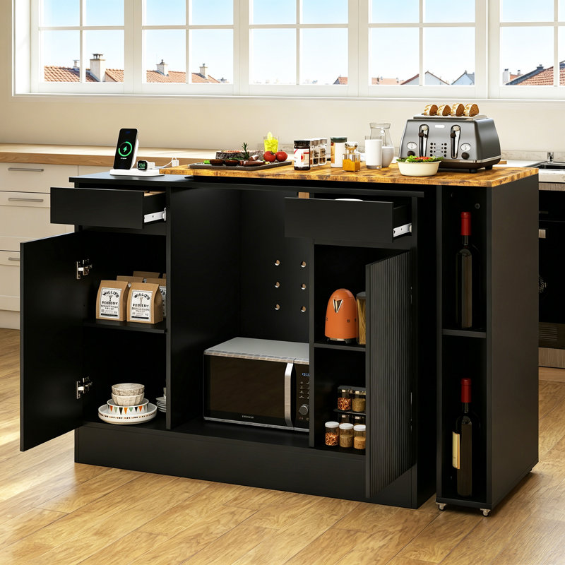 Îlot de cuisine de 118 cm avec table pivotante à 360°, îlot de rangement moderne en forme de L avec prise électrique, tiroirs et étagères multifonctionnelles