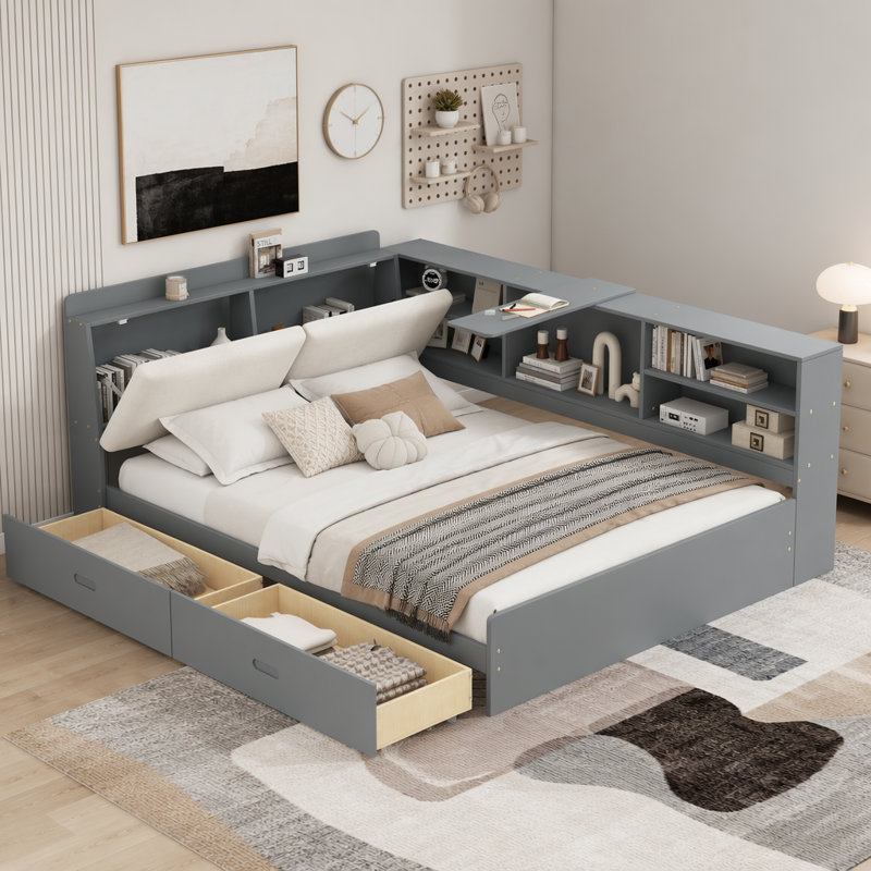 Lit plateforme avec tête de lit, tablettes et 2 tiroirs, Double, Gris