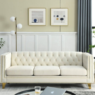 Modern Living Room : Velvet Square Arm With Metal Legs, Beige For Room: Button Couch Beige, 3