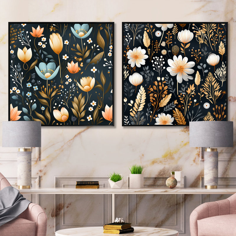 Hollar - Ensemble de 2 collages carrés botaniques abstraits, Cadre flottant noir, H 16 po x l 33 po