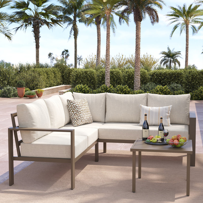6 Pieces Metal Outdoor Sectional Furniture, Beige, Brown Wood