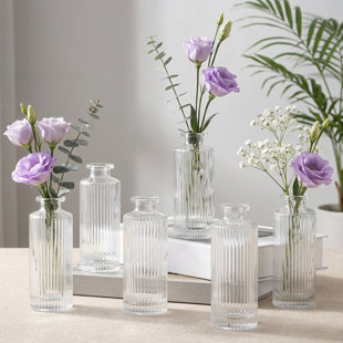 Clear Ribbed Mini Glass Bud Vase, 5.2 Inches Tall, Small Flower Vessel in Bulk for Centerpiece, Wedding Table Decor, Housewarming Gift