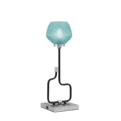 Lampe décorative Amarmula, avec ports USB, noir mat et finition graphite, verre texturé turquoise de 6 po