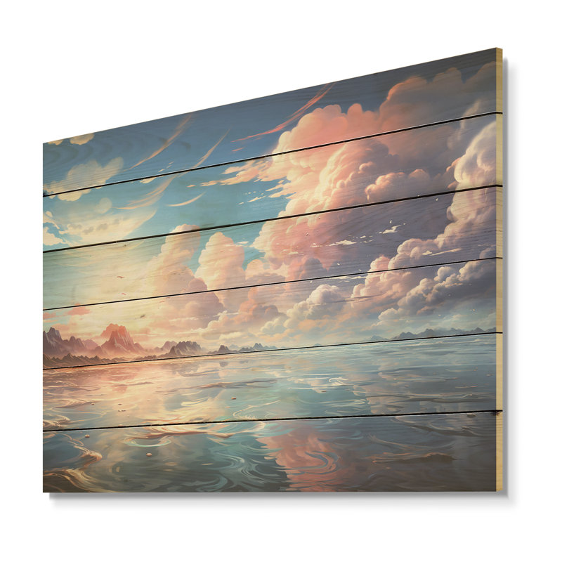 «Aqua Pastel Clouds Lansdcape», art mural en bois sur bois de pin naturel, H 10 po x l 20 po