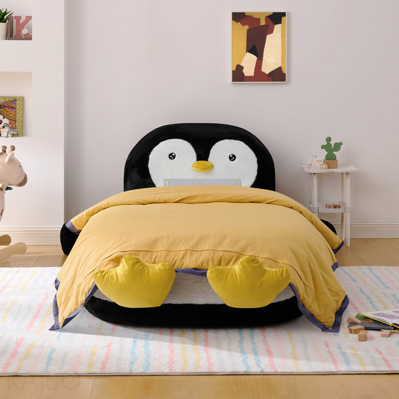 Twin Size Fluffy Faux Fur Penguin Shaped Bed Lounger Chair With 100% Sponge Filling For Kids Bedroom Playroom