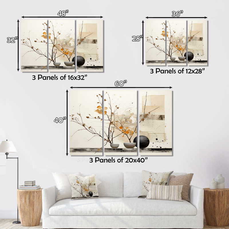 «Asian Art Sumi Bird Serenity XXI» sur toile, reproduction de 3 pièces, H 40 po x l 60 po x P 1 po