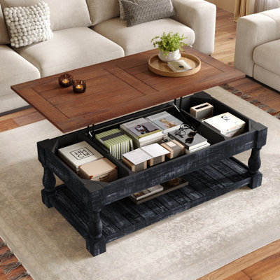 Table basse à plateau relevable avec compartiments de rangement cachés et tablette inférieure Rylorix
