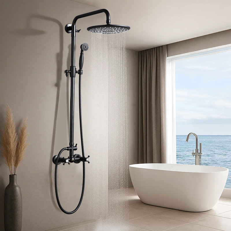Système de douche mural noir mat 8 pouces avec barre coulissante réglable et douchette à main