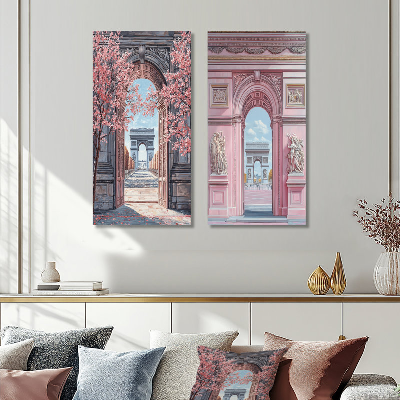 «Pink Arc De Triomphe Accented with Blue I - Paris», impression sur métal 2 pièces, 40" H x 40" W