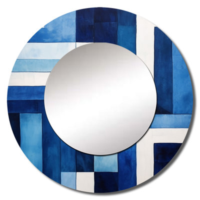 Symétrie de saphir bleu blanc - formes abstraites, décor de miroir mural unique, grand miroir rond moderne, impression d'art en métal