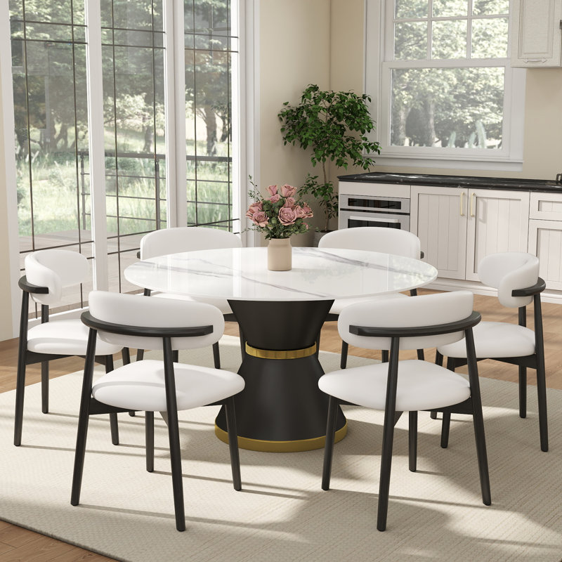 Ensemble de salle à manger rond 7 pièces en pierre frittée avec 6 chaises de salle à manger en similicuir, White