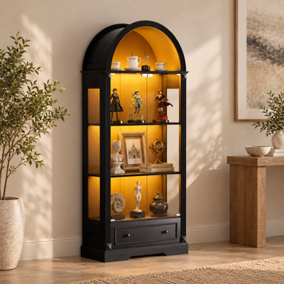 Vitrine cintrée de 180 cm (70,98 pouces) avec portes vitrées, bandes lumineuses DEL et tiroirs, style ferme moderne, idéale pour le salon, la cuisine ou la salle à manger, noire.
